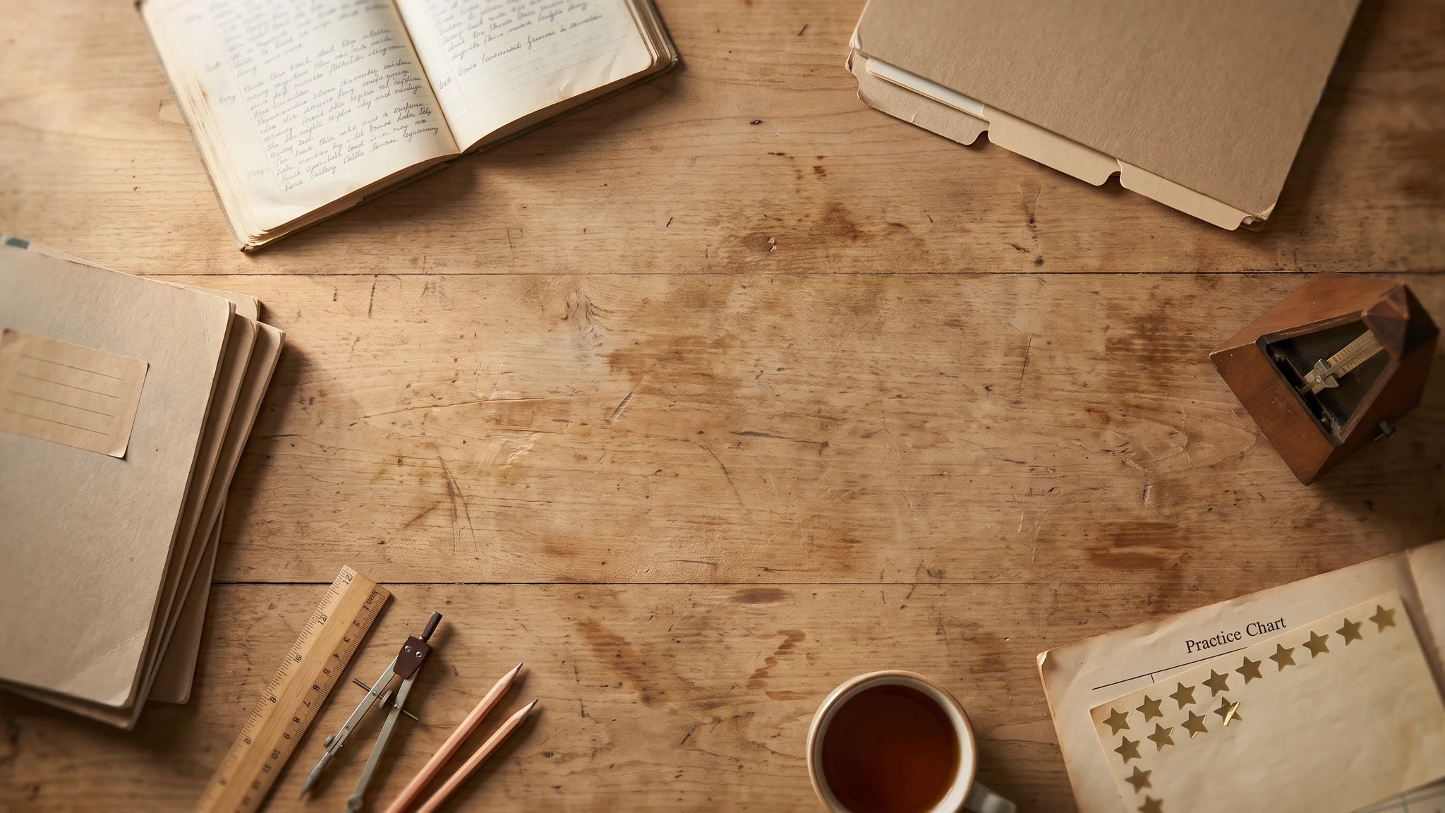 A paper week diary on a wooden table, beside a stack of labelled exercise books, a family folder with two dividers, a wooden ruler and compass, a metronome and a practice chart stuck with gold stars.